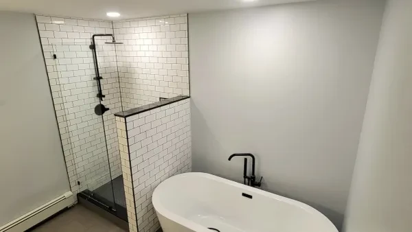 White subway tile bathroom with soaking tub